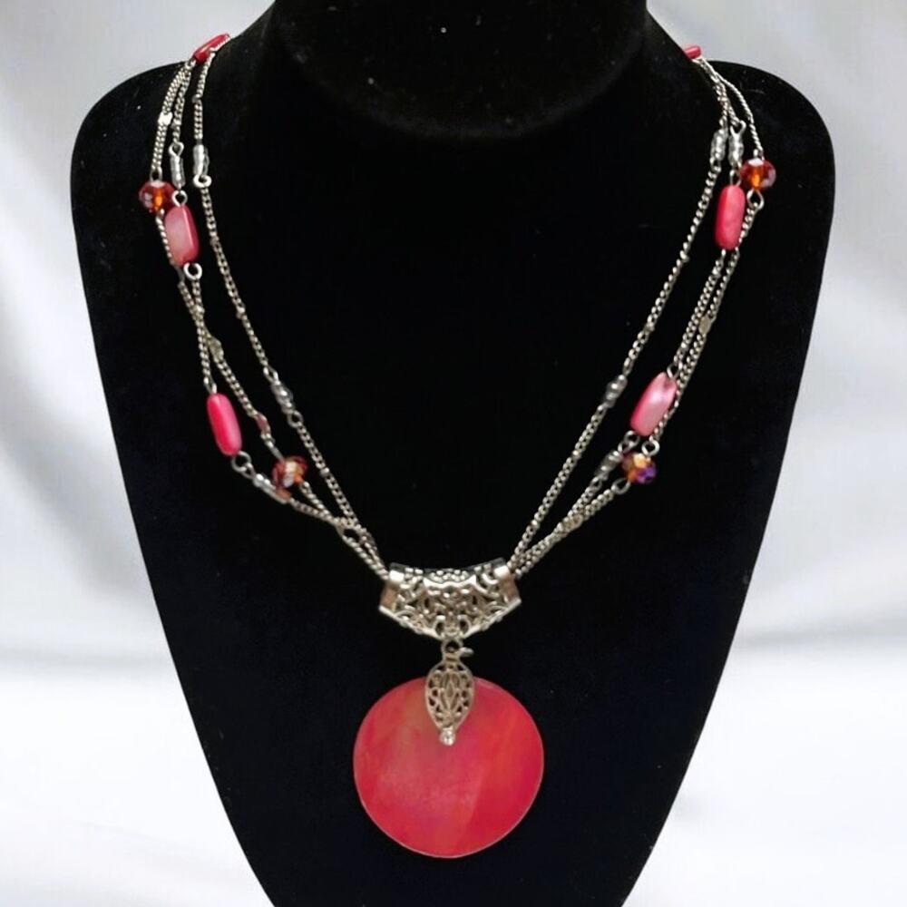 Vintage Pink Coral Disc, Quartz Beaded, Iridescent Fire Crystals, Necklace